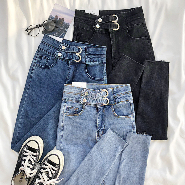 Alkalmi női farmer Karcsú modell magas derékkal és fém elemekkel