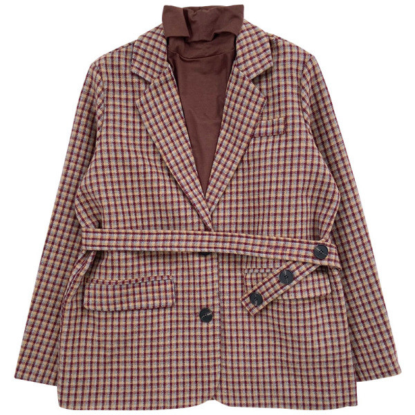 Stílusos női kockás kabát V-alakú gallérral és derékövvel