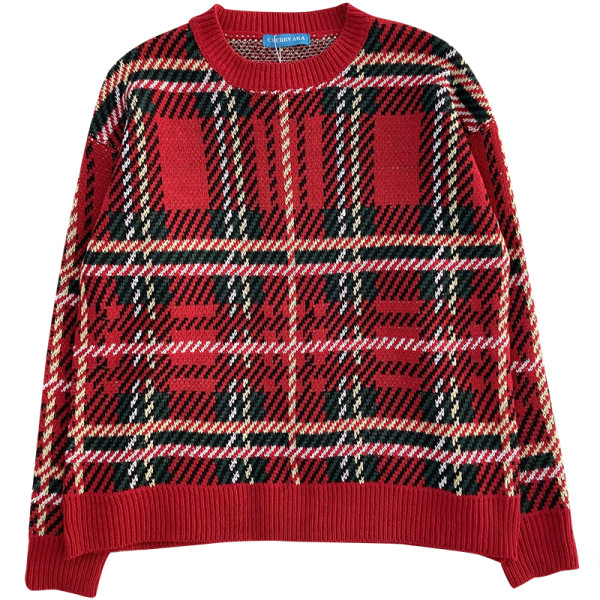 Kockás női pulóver ovális nyakkivágással és hosszú ujjal