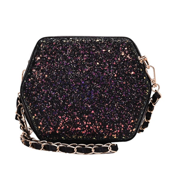 Fényes hatszögletű női válltáska flitterekkel és cipzárral