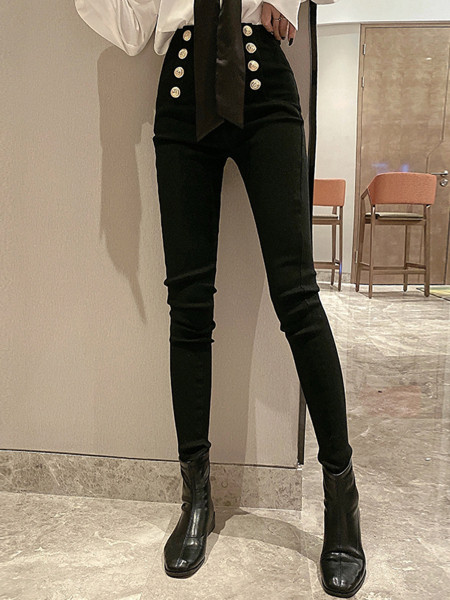 Moodsad naiste mustad püksid kõrge vöökoha ja nööpidega