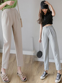 Alkalmi női nadrág pamutból és lenvászonból, magas derékkal - egyenes modellel