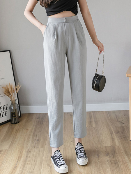 Alkalmi női nadrág pamutból és lenvászonból, magas derékkal - egyenes modellel