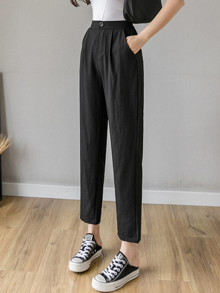 Alkalmi női nadrág pamutból és lenvászonból, magas derékkal - egyenes modellel