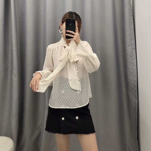 Új modell női sifon ing szalaggal a nyakkivágáson és hosszú ujjal