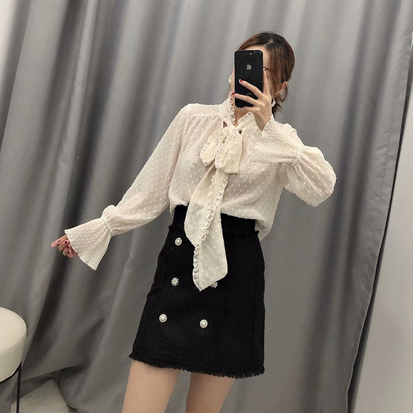 Új modell női sifon ing szalaggal a nyakkivágáson és hosszú ujjal