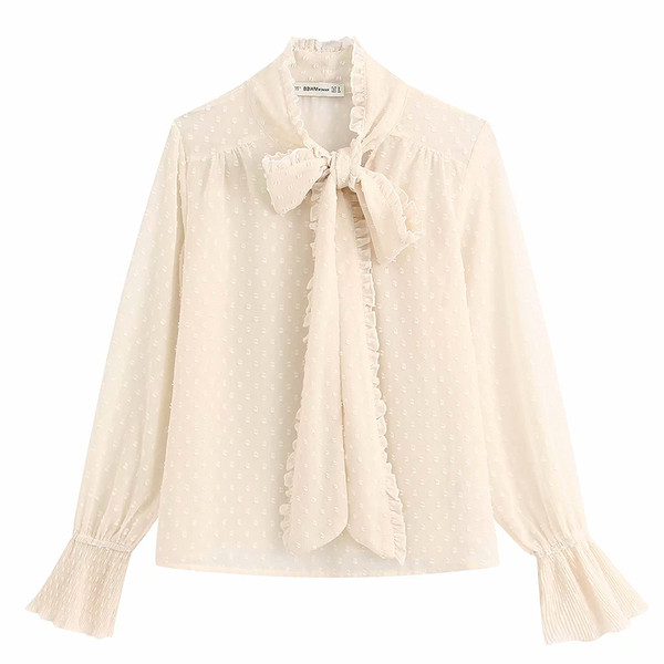 Új modell női sifon ing szalaggal a nyakkivágáson és hosszú ujjal