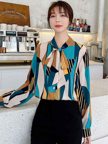 Stílusos női többszínű ing gallérral, szalaggal