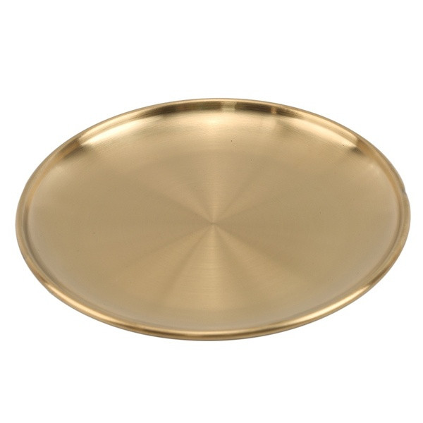 Arany rozsdamentes acél tányér kerek formában, desszertekhez vagy gyümölcsökhöz