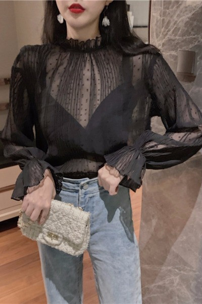 Διαφανή μπλούζα σιφόν με ημι-υψηλό κολάρο και φαρδιά μανίκια