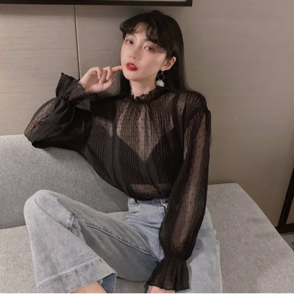 Διαφανή μπλούζα σιφόν με ημι-υψηλό κολάρο και φαρδιά μανίκια