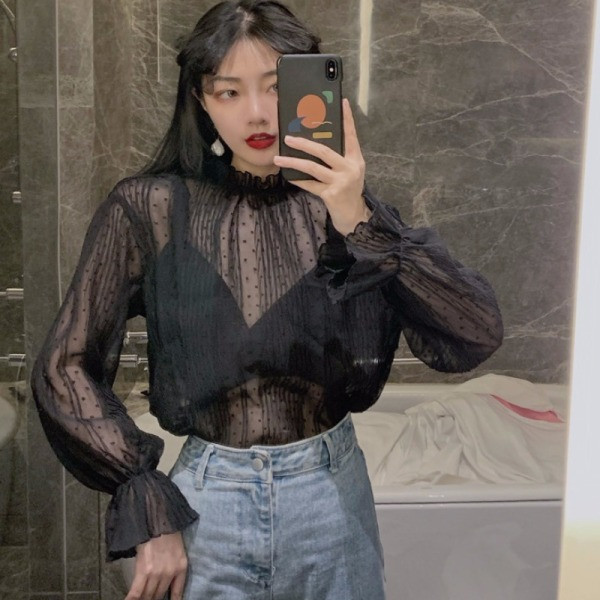 Διαφανή μπλούζα σιφόν με ημι-υψηλό κολάρο και φαρδιά μανίκια