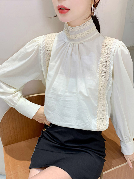 Retro női széles sifon ing magas gallérral és csipkével