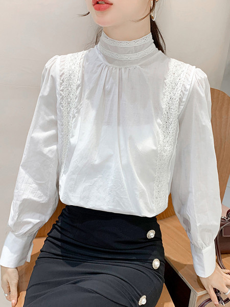 Retro női széles sifon ing magas gallérral és csipkével