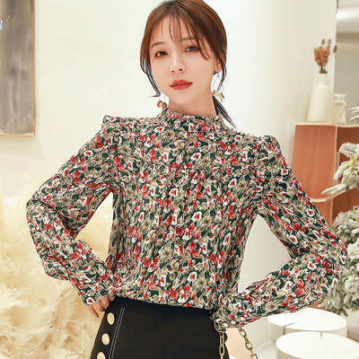 Elegáns női ing félmagas gallérral és virágmintával