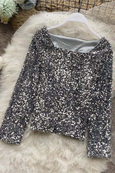 Aktuális női fényes blúz, hosszú ujjú, szögletes nyakkivágással és flitterekkel