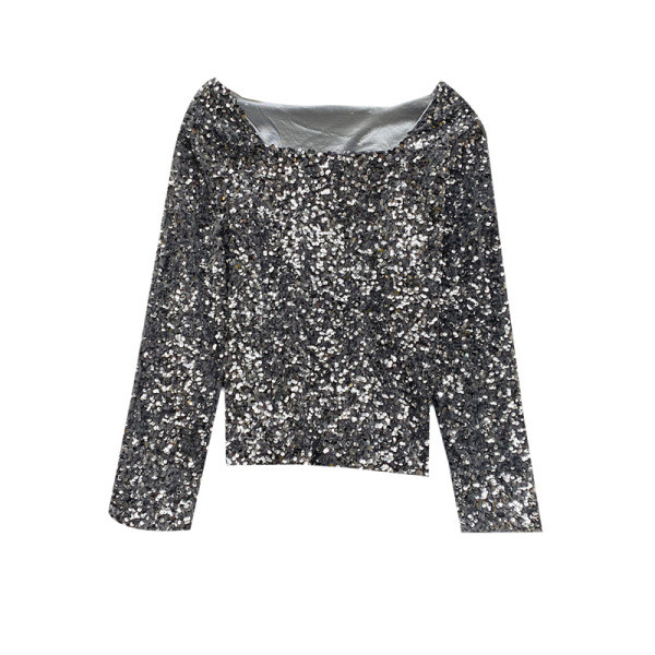 Aktuális női fényes blúz, hosszú ujjú, szögletes nyakkivágással és flitterekkel
