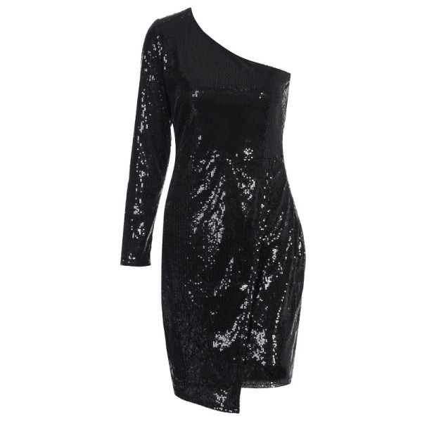 Rövid női ruha testre szabott modell egy ujjal és flitterekkel