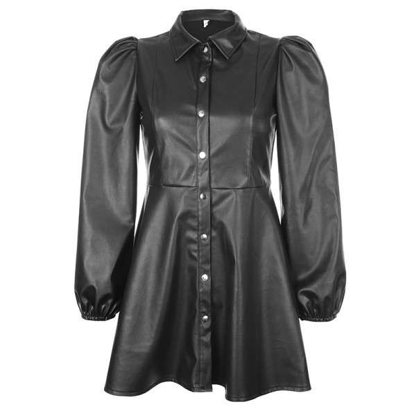 Testreszabott női ruha eko bőrből klasszikus gallérral, hosszú ujjakkal és gombokkal