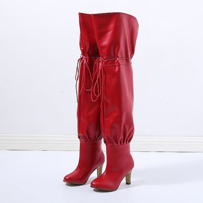 Eco bőrből készült, térd feletti női csizma új modellje fűzővel és 8 cm-es sarokkal