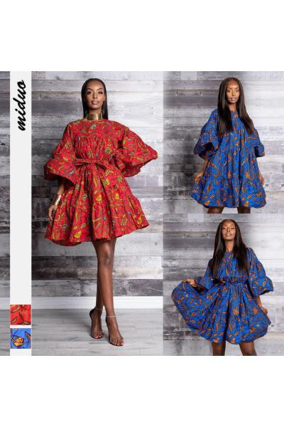 ÚJ Modern női ruha lótusz ujjal, színes mintával - övvel