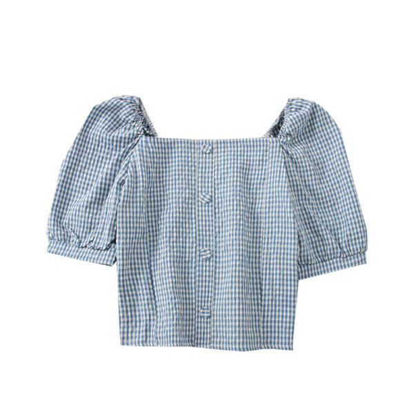 Μοντέρνα γυναικεία μπλούζα με βολάν μανίκι 3/4  και κουμπιά