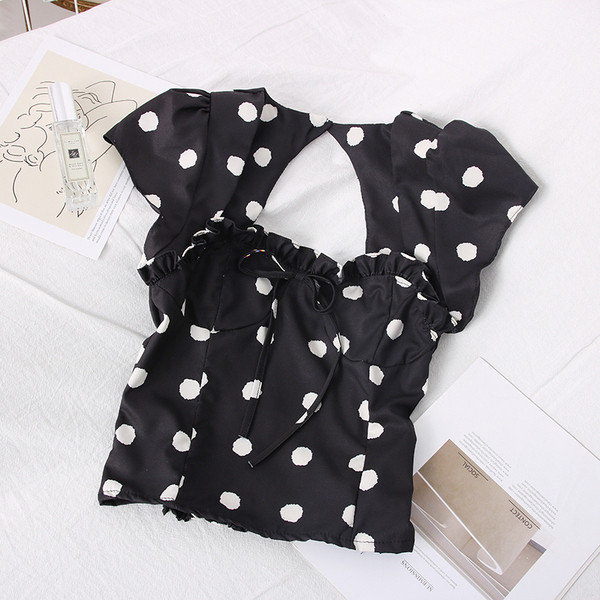 Modern női pöttyös blúz elasztikus háttal és megkötővel