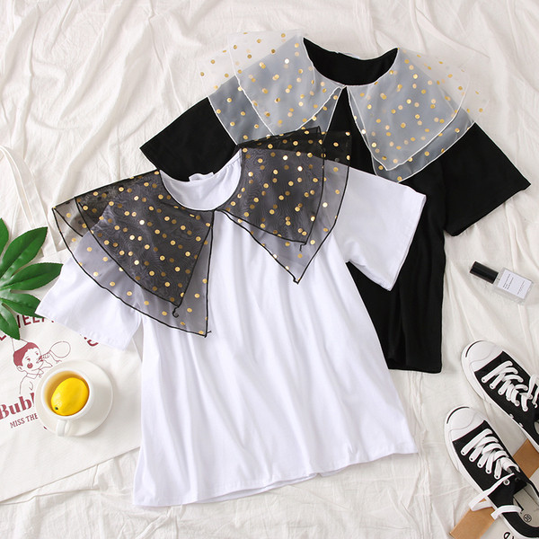 Φαρδύ γυναικεία μπλούζα  με 3/4 μανίκια και γιακάς από τούλι