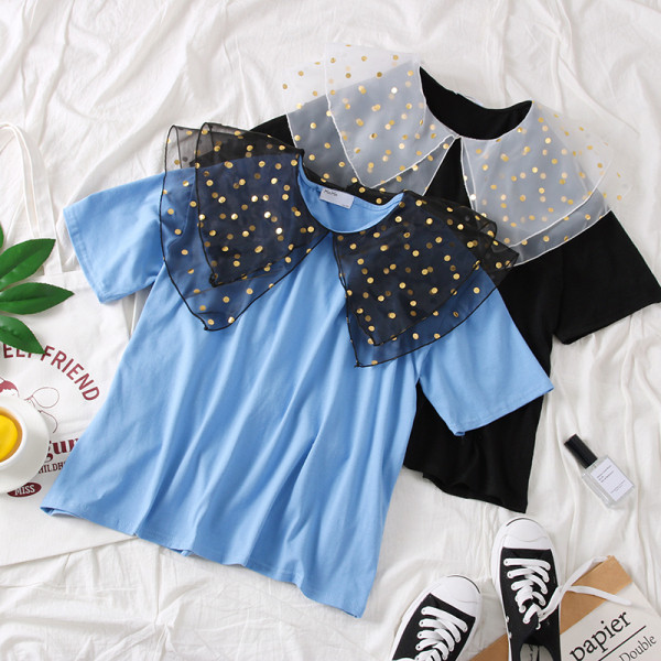 Φαρδύ γυναικεία μπλούζα  με 3/4 μανίκια και γιακάς από τούλι