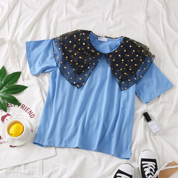 Φαρδύ γυναικεία μπλούζα  με 3/4 μανίκια και γιακάς από τούλι