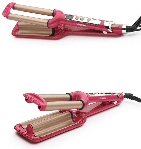 Keraminis retro plaukų tiesintuvas su trimis vamzdeliais ir LCD ekranu, rodančiu temperatūrą