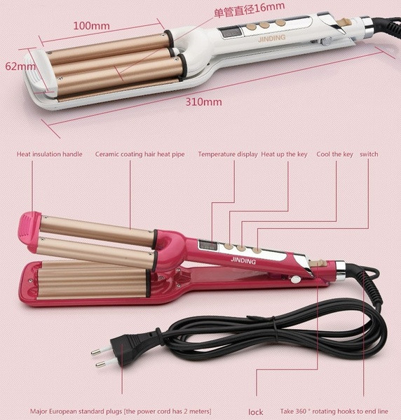 Keraminis retro plaukų tiesintuvas su trimis vamzdeliais ir LCD ekranu, rodančiu temperatūrą