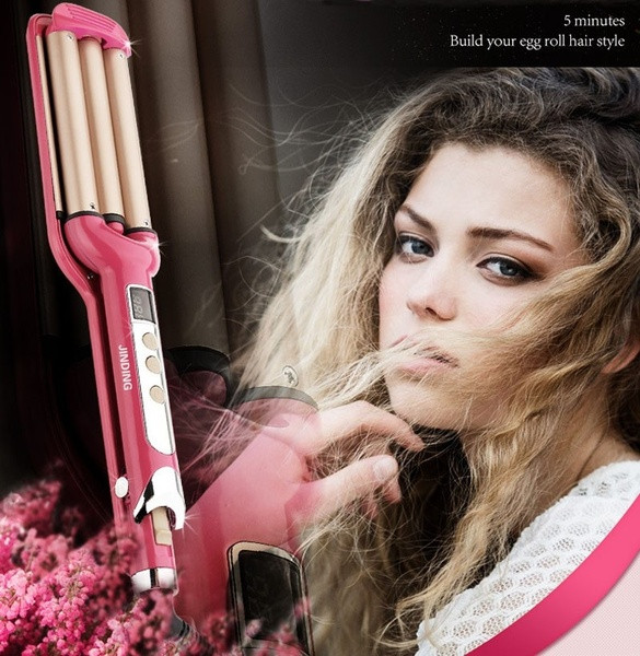 Keraminis retro plaukų tiesintuvas su trimis vamzdeliais ir LCD ekranu, rodančiu temperatūrą