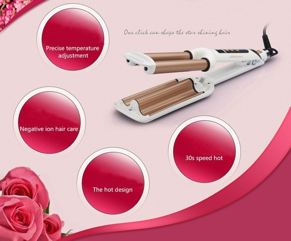 Keraminis retro plaukų tiesintuvas su trimis vamzdeliais ir LCD ekranu, rodančiu temperatūrą