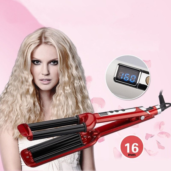 Keraminis retro plaukų tiesintuvas su trimis vamzdeliais ir LCD ekranu, rodančiu temperatūrą