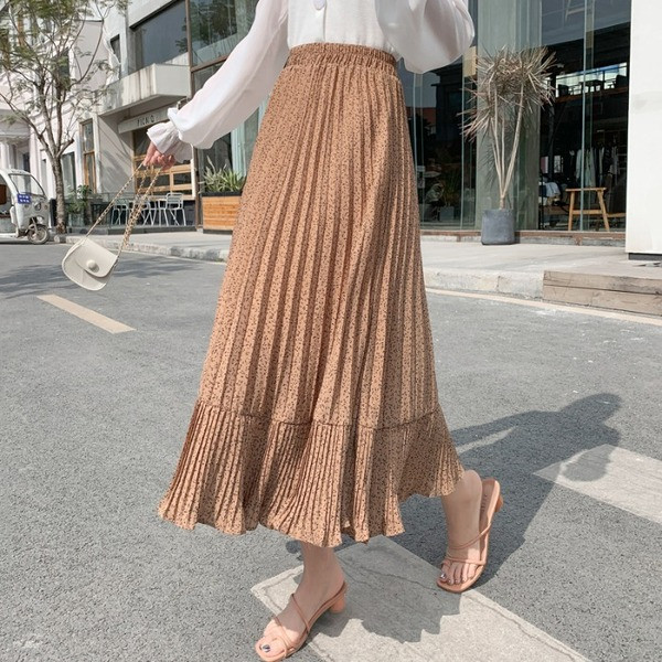 Hosszú redőzött szoknya magas gumírozott derékkal és virágmintával