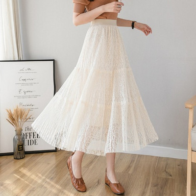 Νέο μοντέλο μακρύ γυναικεία φούστα με δαντέλα και με υψηλή ελαστική μέση