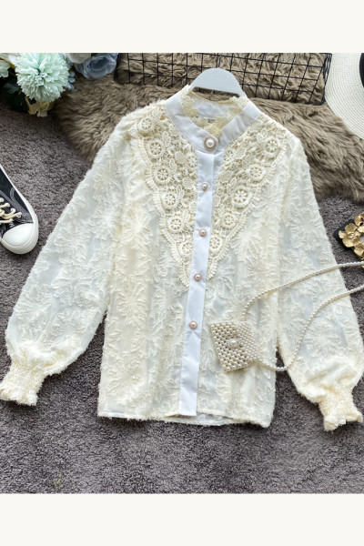 Retro női sifon ing csipke elemekkel és gyöngygombokkal