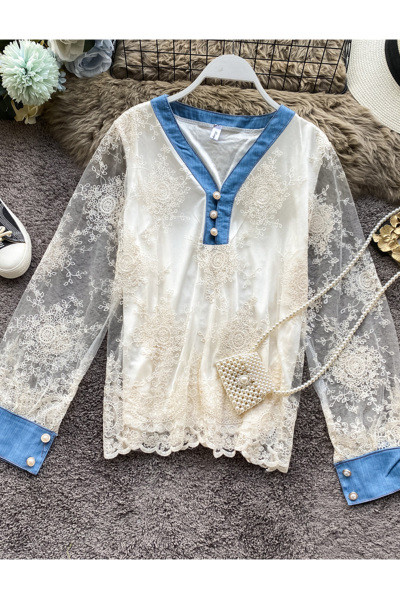 Retro női csipke ing spitz nyakkivágással és gombokkal