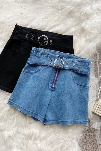 Új modell farmer rövidnadrág magas derékkal, cipzárral és övvel