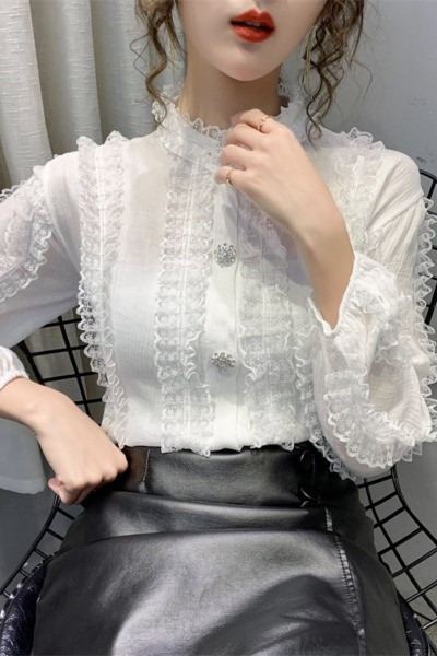 Új modell tavaszi csipke ing ovális nyakkivágással és hosszú ujjakkal