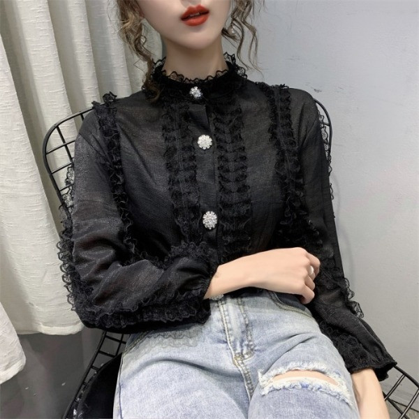 Új modell tavaszi csipke ing ovális nyakkivágással és hosszú ujjakkal