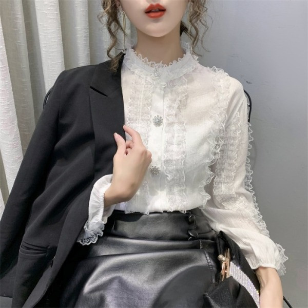 Új modell tavaszi csipke ing ovális nyakkivágással és hosszú ujjakkal