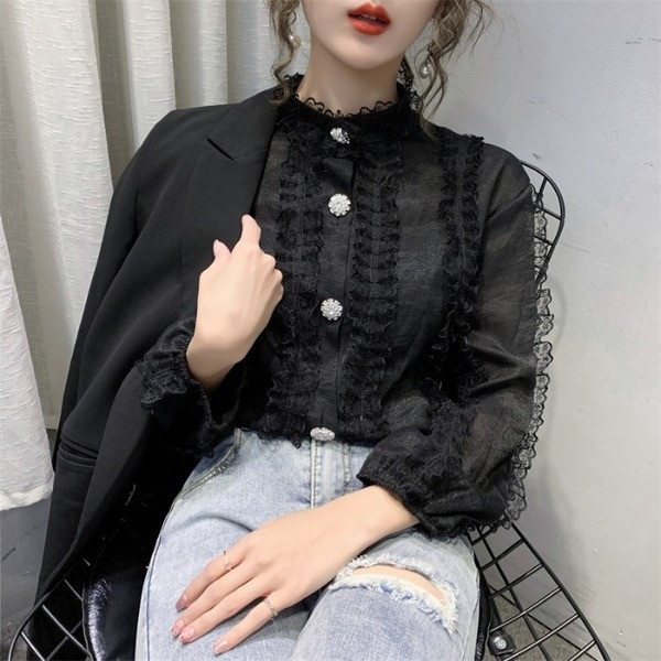 Új modell tavaszi csipke ing ovális nyakkivágással és hosszú ujjakkal