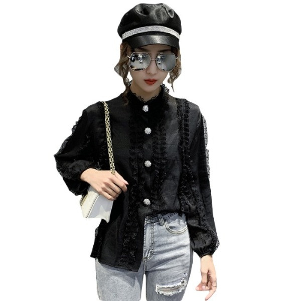 Új modell tavaszi csipke ing ovális nyakkivágással és hosszú ujjakkal