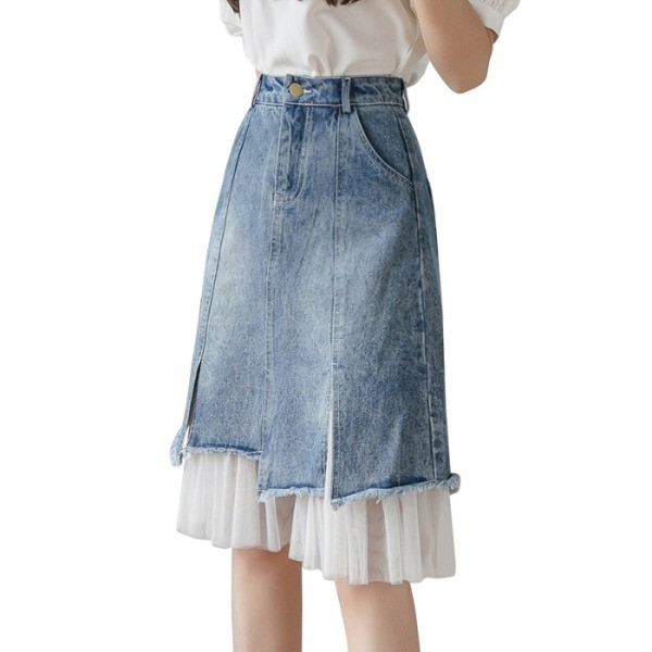 Női farmer és tüll szoknya közepes hosszúságú, magas derékkal