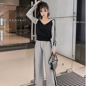 Vékony kötésű női sport szett - kapucnis pulóver hosszú, széles nadrággal