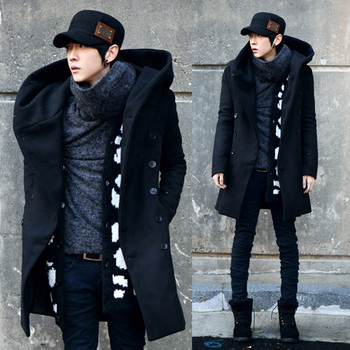 Елегантно дълго мъжко палто с качулка в тъмносин и черен цвят